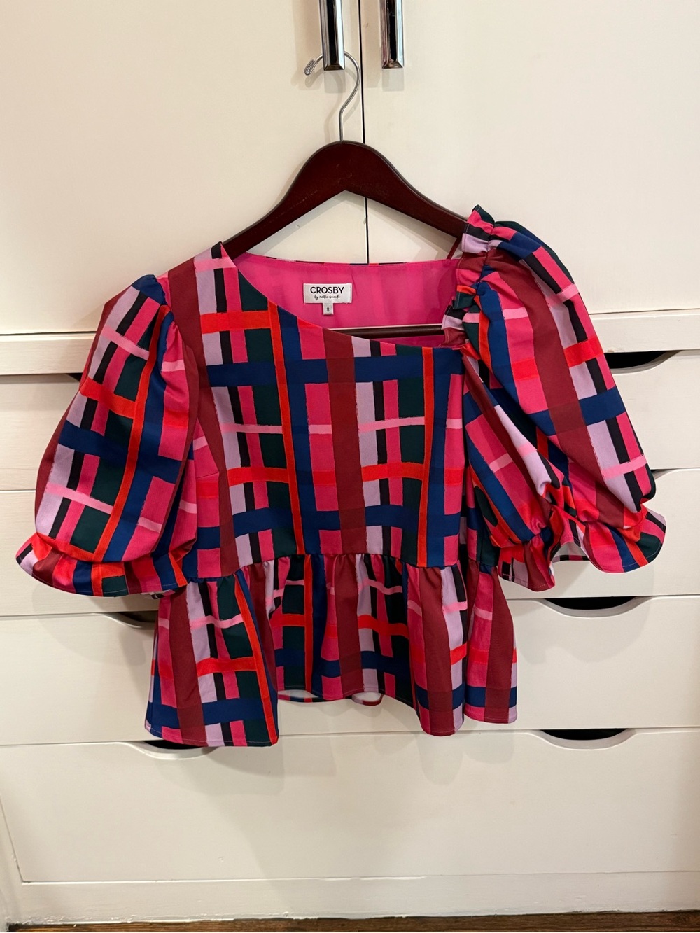 Crosby Colorful Plaid Puff Sleeve Peplum Top